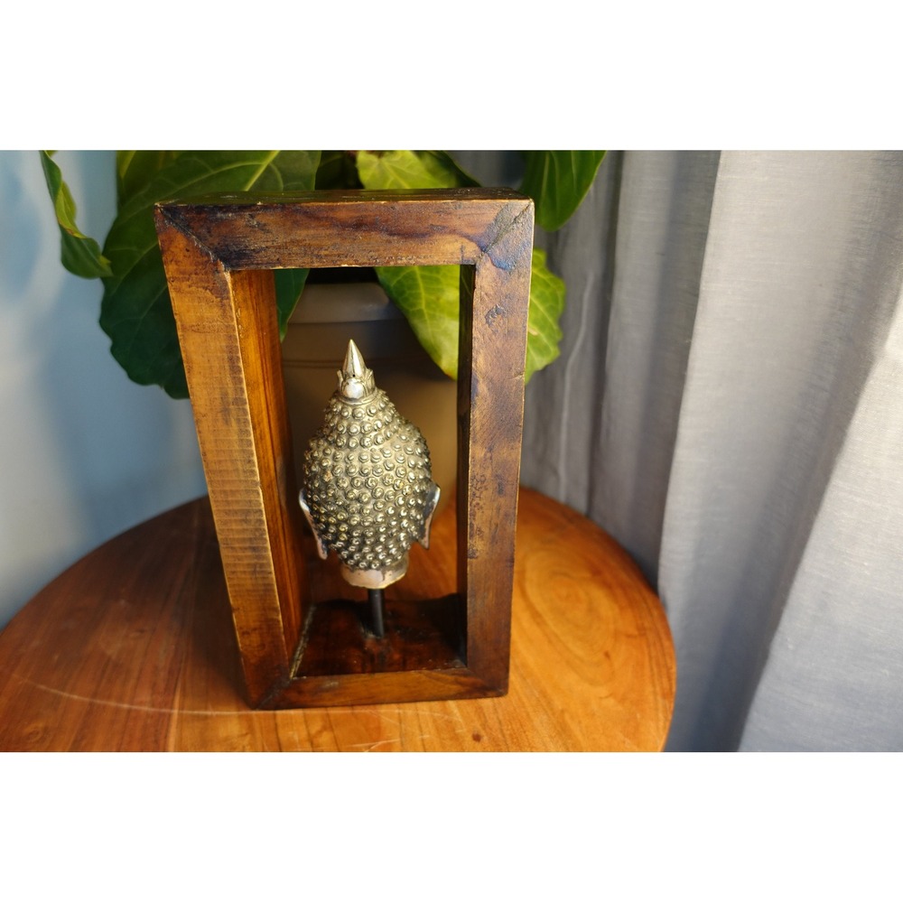 Buddha Head Statue in Wood Frame Asian Decor Sculpture Art - Picture 3 of 8